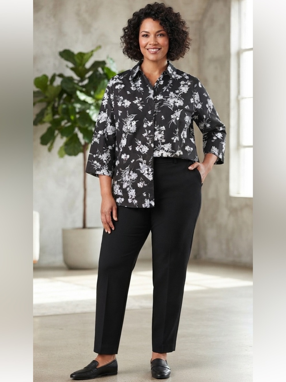 Roaman's Black and White Floral Button-Down Shirt